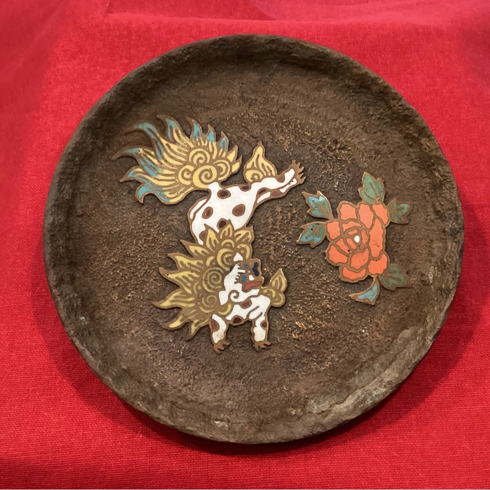 Vintage Brass / Bronze Made in Japan Dragon & Flower Designed Tray, Plate, Rare